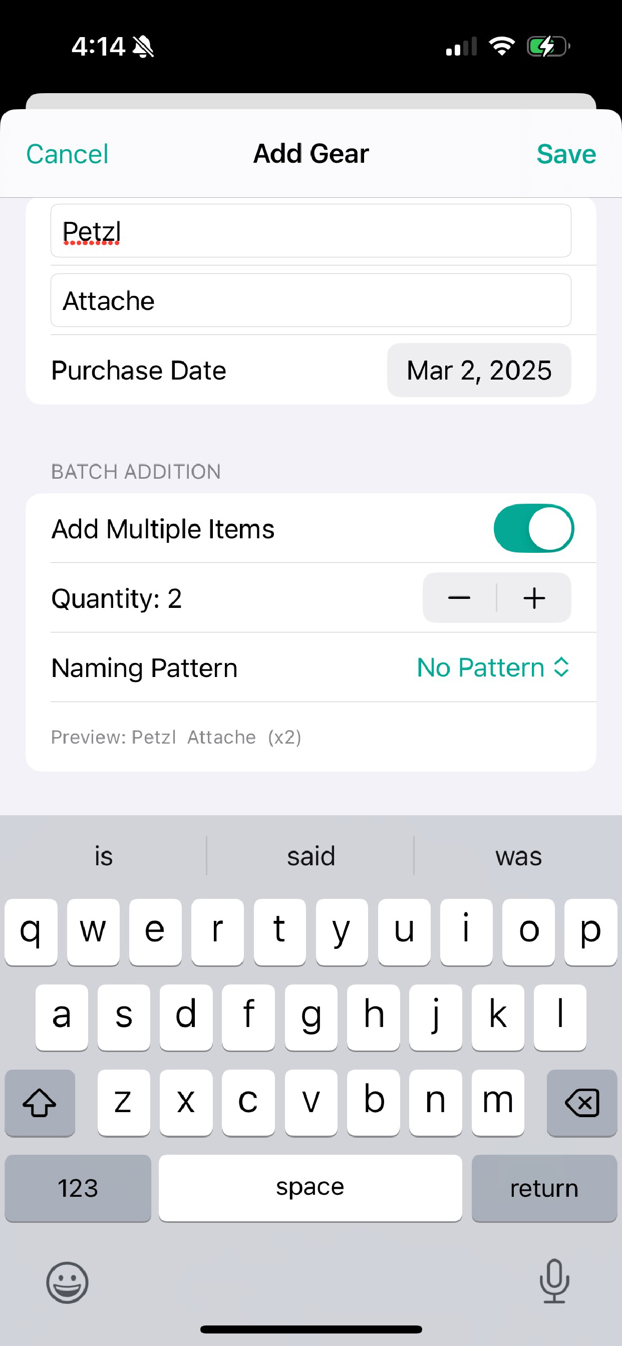 Add gear form with batch addition