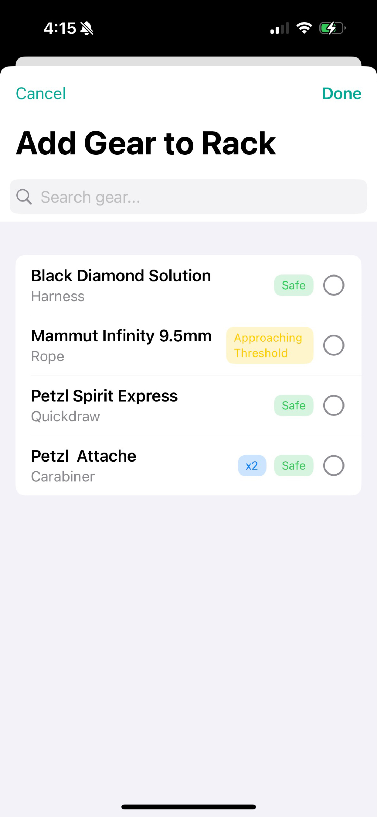 Add Gear to Rack screen with safety status badges