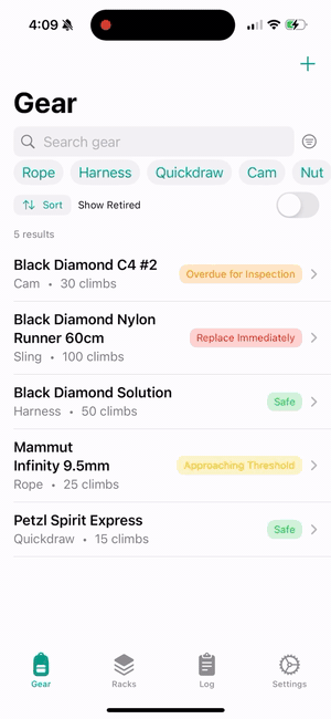 Animation of adding gear in RackTracker