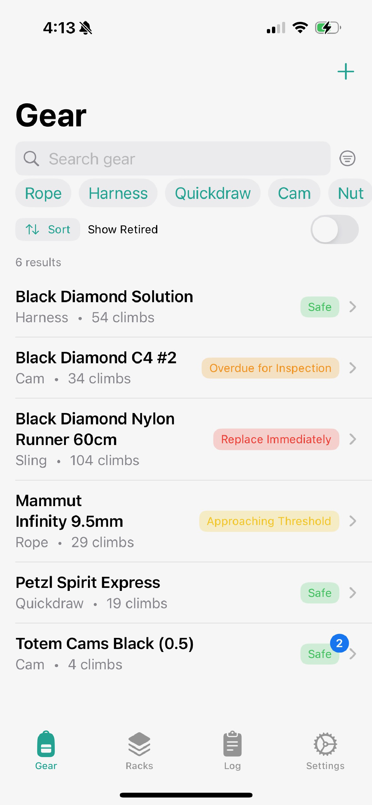 Gear list with color-coded retirement statuses